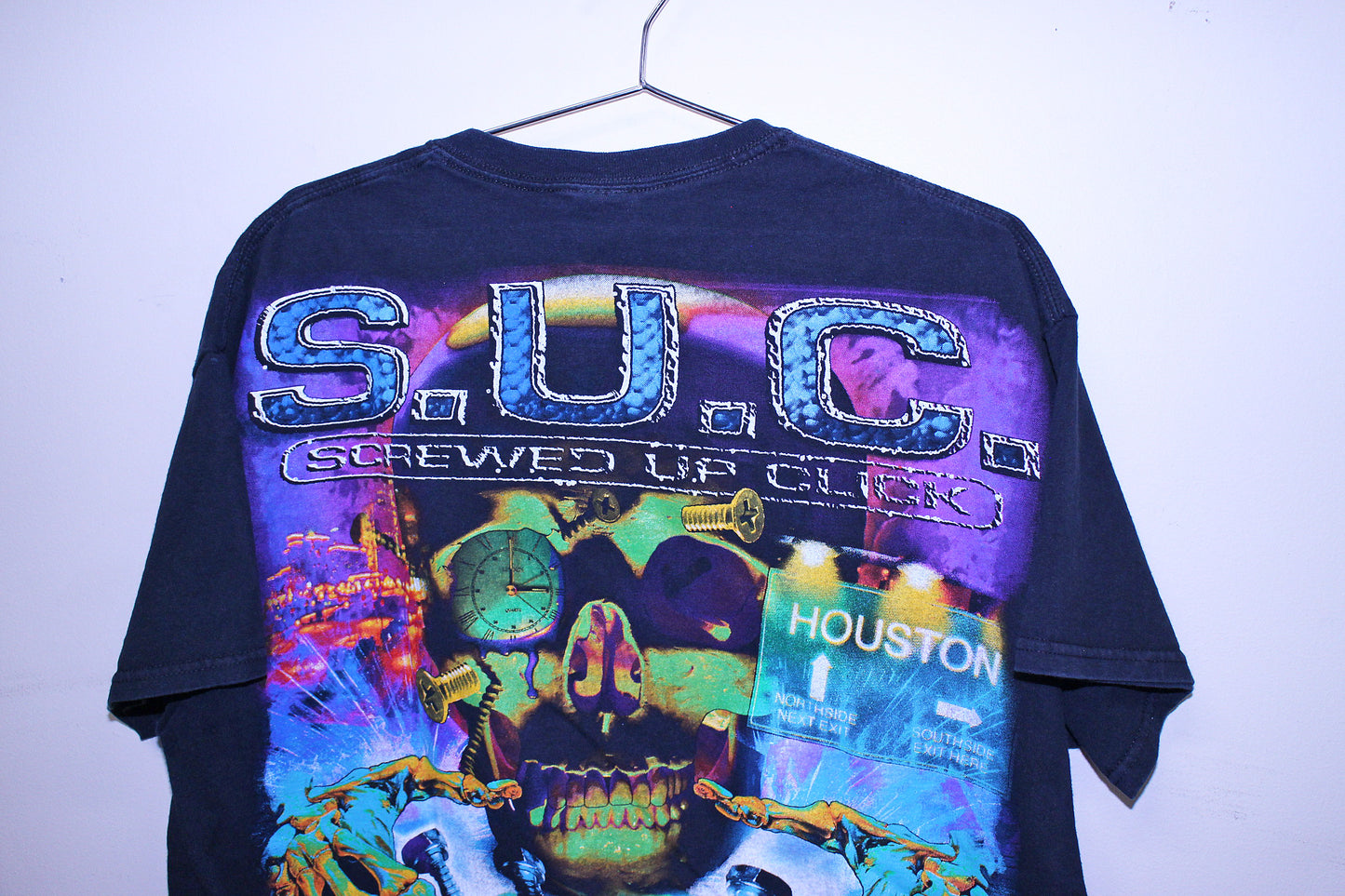 SCREW on y2k gildan Pocket faded black tee (XL)