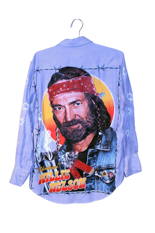 Willie Nelson on pearl Snap Wrangler western button up (L)