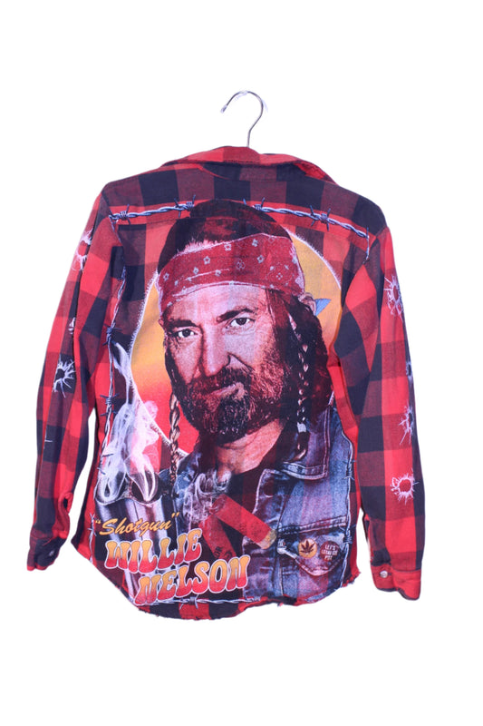 Light Faded Willie Nelson On black/red vintage flannel button up (L)