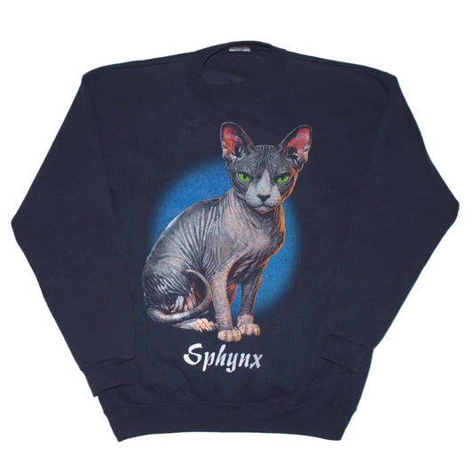 Sphynx Cat Tee on vintage navy Crewneck sweatshirt (M)