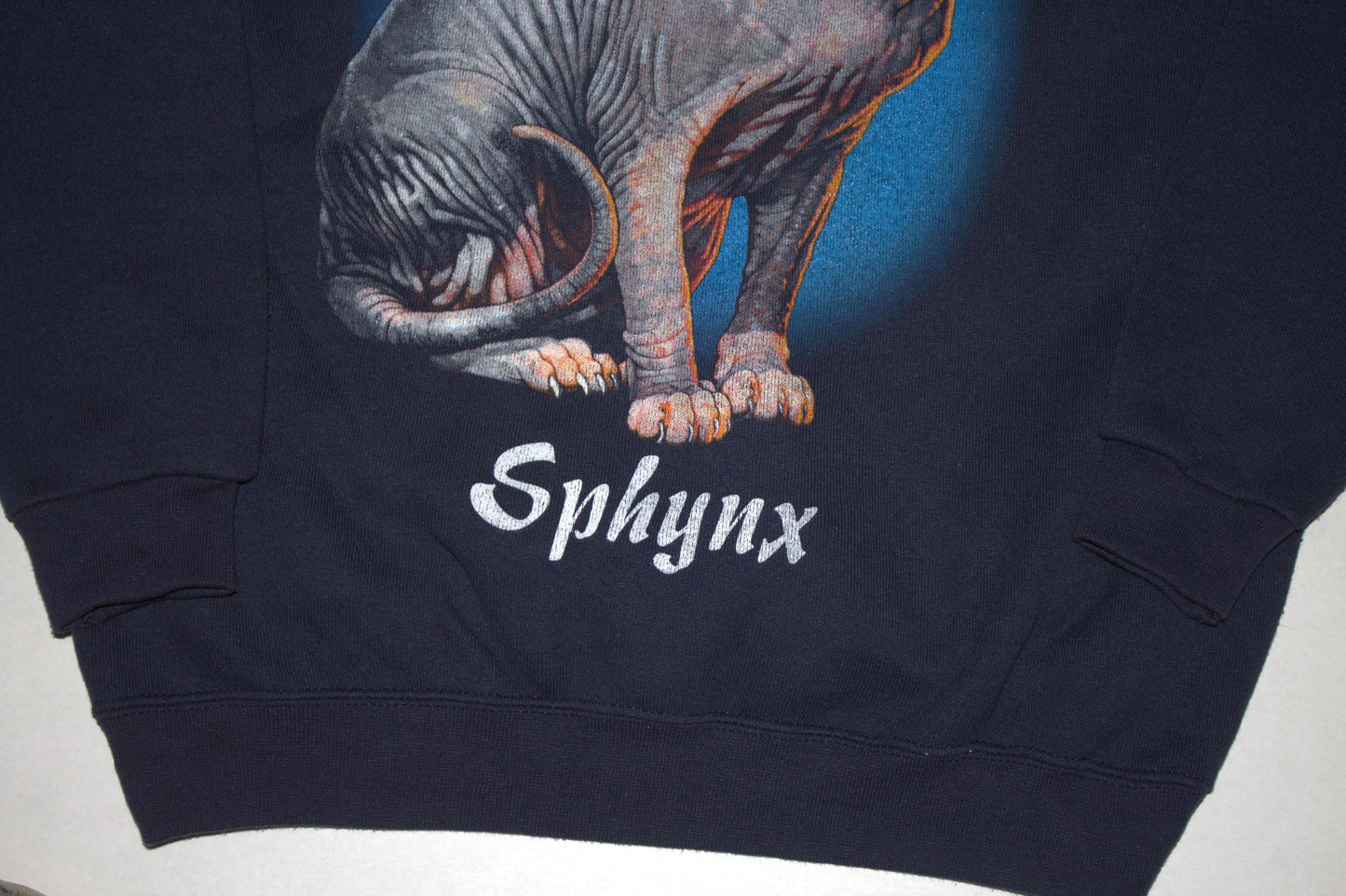 Sphynx Cat Tee on vintage navy Crewneck sweatshirt (M)