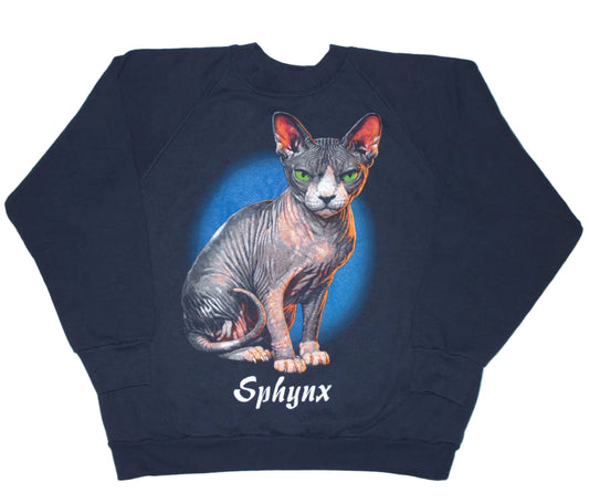 Sphynx Cat Tee on Fruit Of The Loom 'Ladies' vintage navy Crewneck sweatshirt (L)