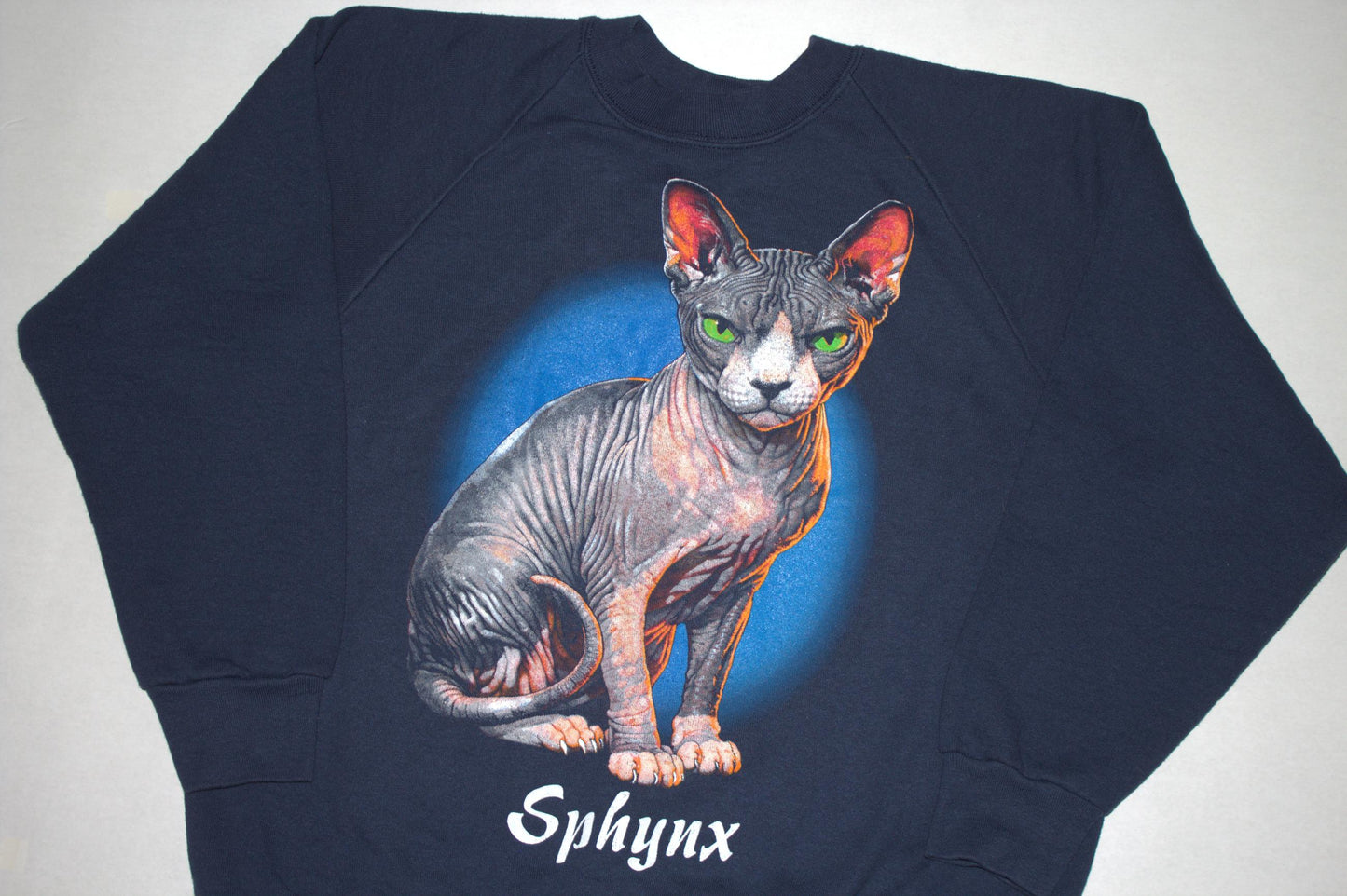 Sphynx Cat Tee on Fruit Of The Loom 'Ladies' vintage navy Crewneck sweatshirt (L)