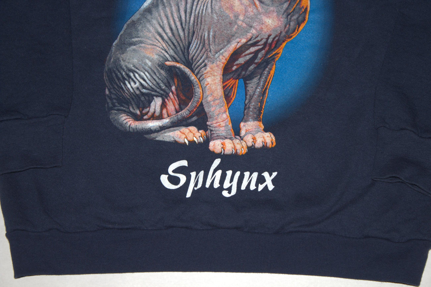 Sphynx Cat Tee on Fruit Of The Loom 'Ladies' vintage navy Crewneck sweatshirt (L)