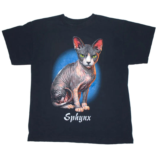 Sphynx Cat Tee on 2nd hand well worn & lightly faded Navy shirt (L)