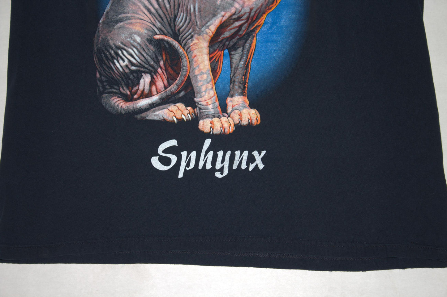 Sphynx Cat Tee on 2nd hand well worn & lightly faded Navy shirt (L)