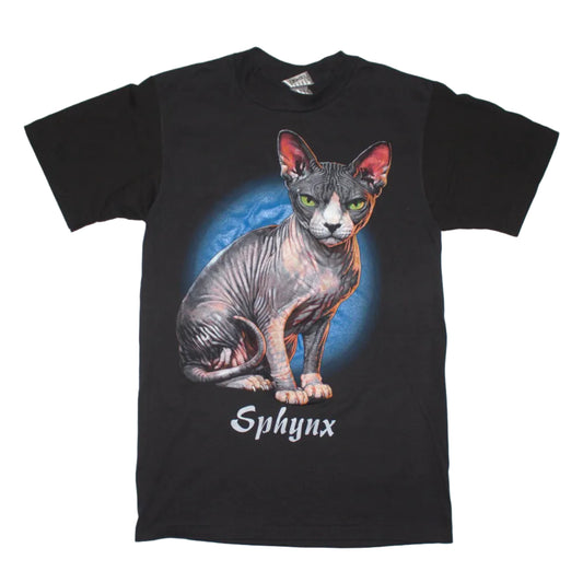 A black short-sleeve graphic t-shirt featuring a detailed illustration of a hairless cat with the word 'Sphynx' printed below it, displayed flat against a light gray background.