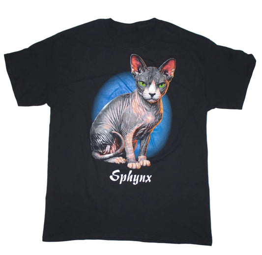 Sphynx Cat Tee on 2nd hand lightly faded black shirt (XL)