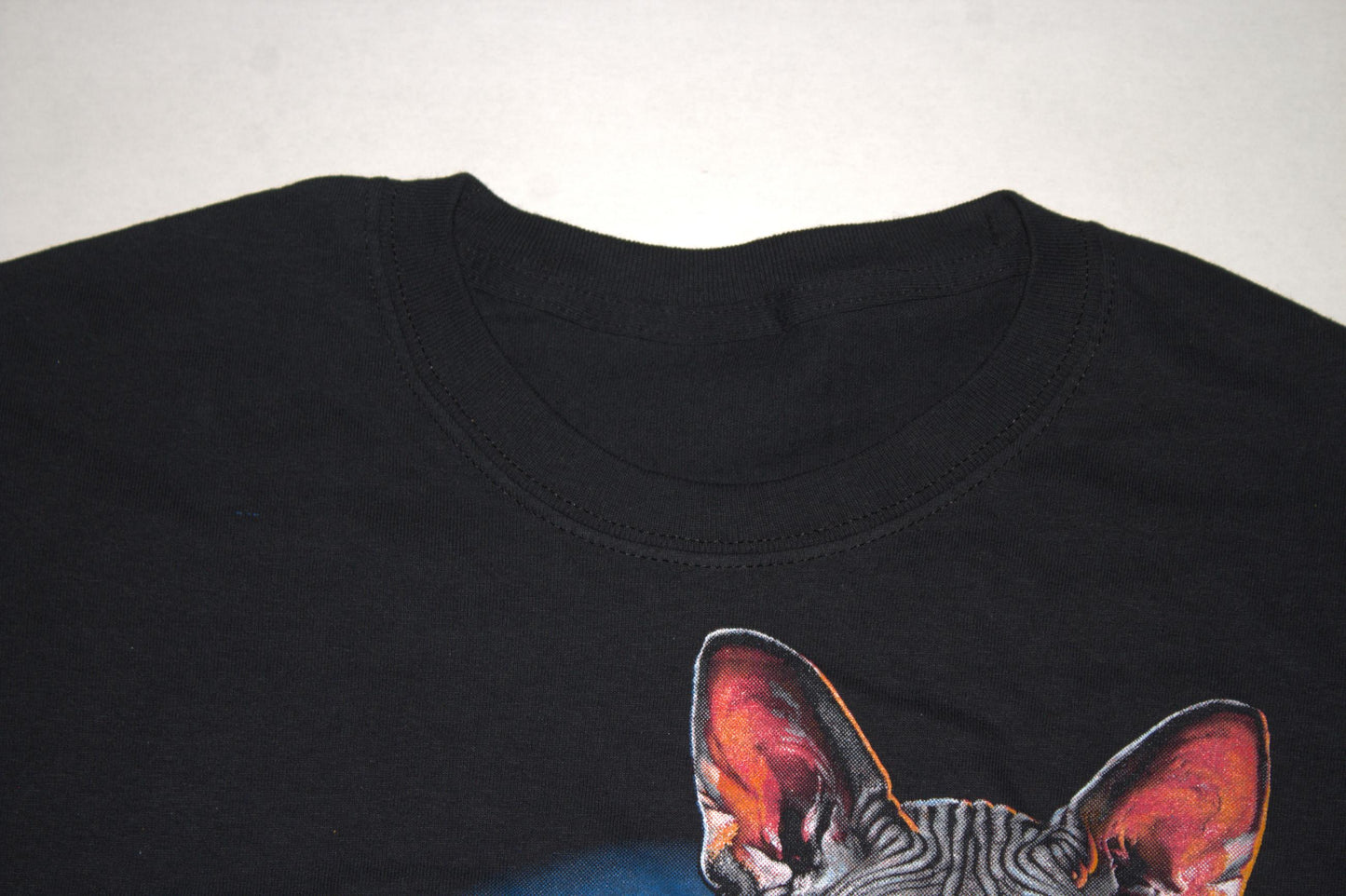 Sphynx Cat Tee on 2nd hand lightly faded black shirt (XL)