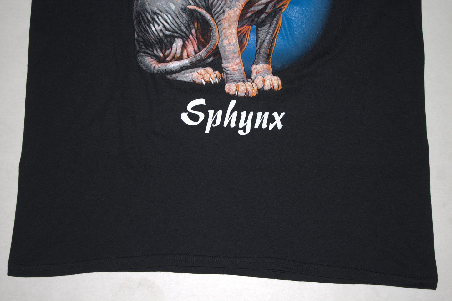 Sphynx Cat Tee on 2nd hand lightly faded black shirt (XL)