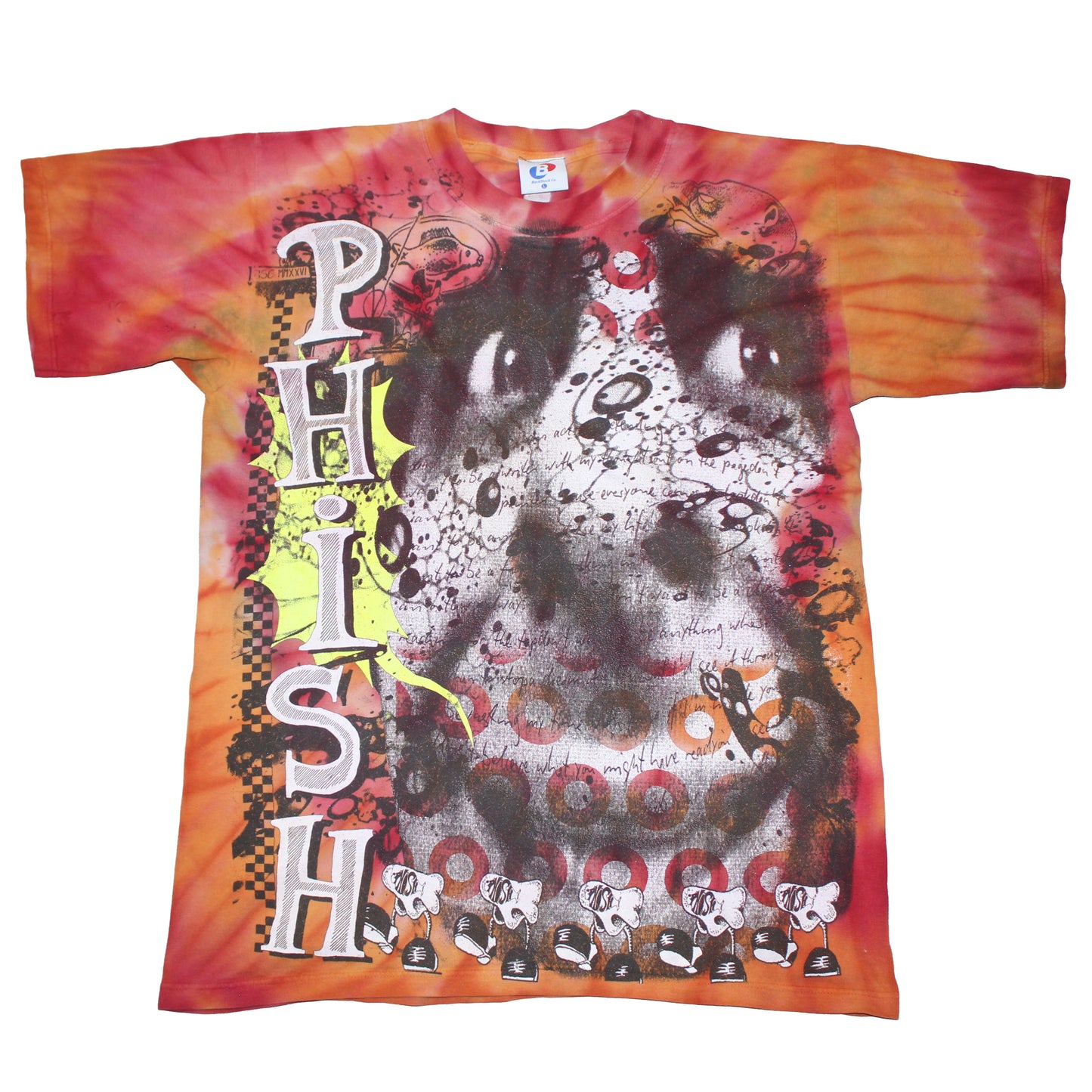 BSC PHISH Mashup print on vintage Red Orange tie dye t-shirt (L)
