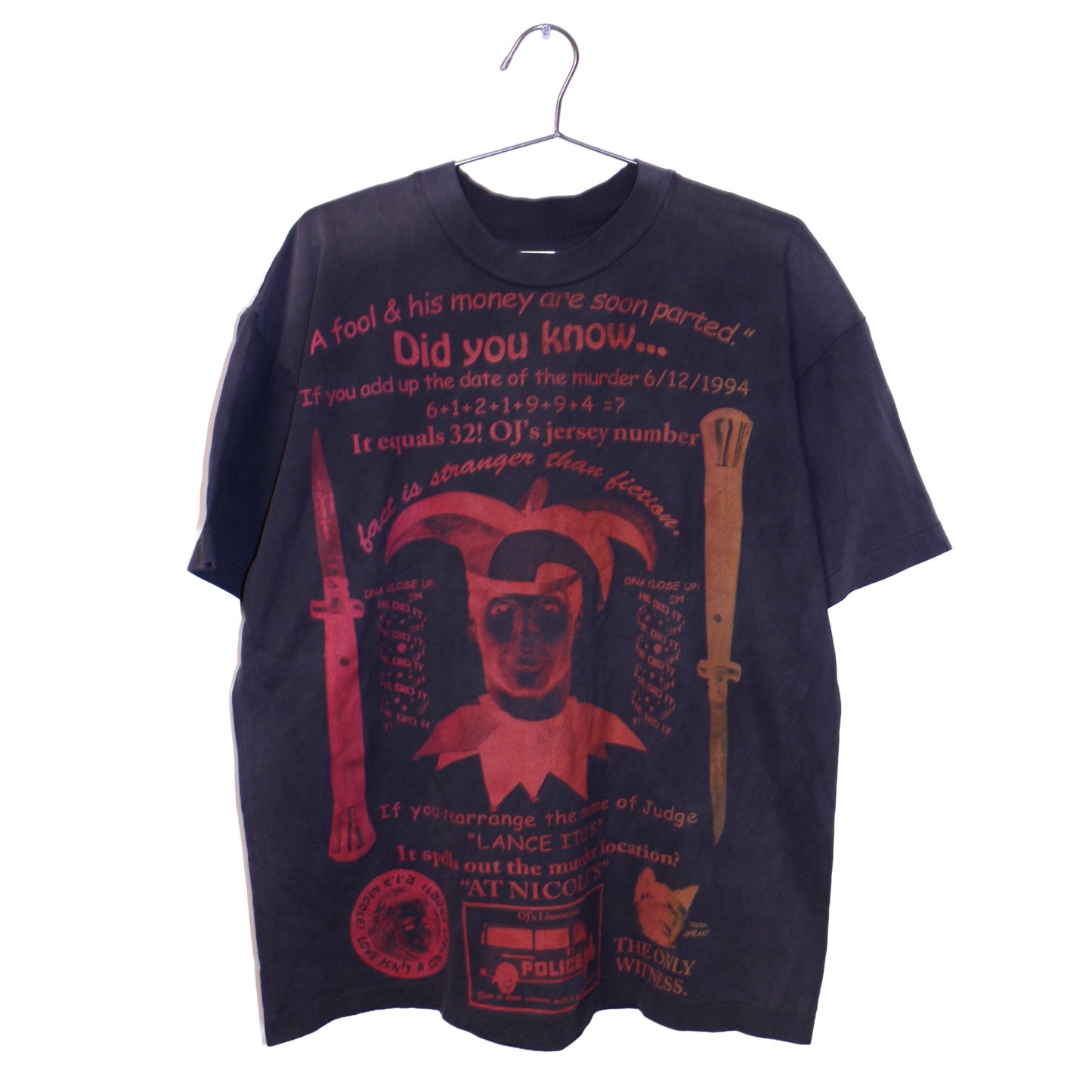 OJ Trial Conspiracy on faded single stitch blank BSC shirt (XL)