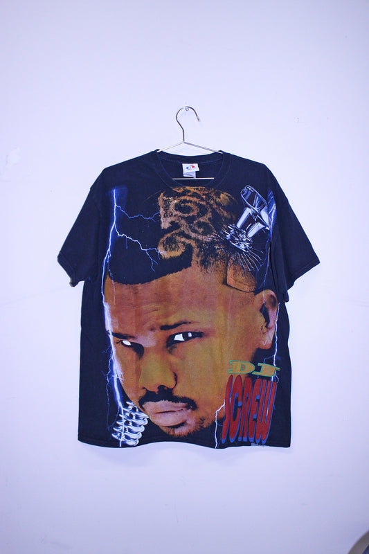 SCREW on y2k gildan Pocket faded black tee (XL)