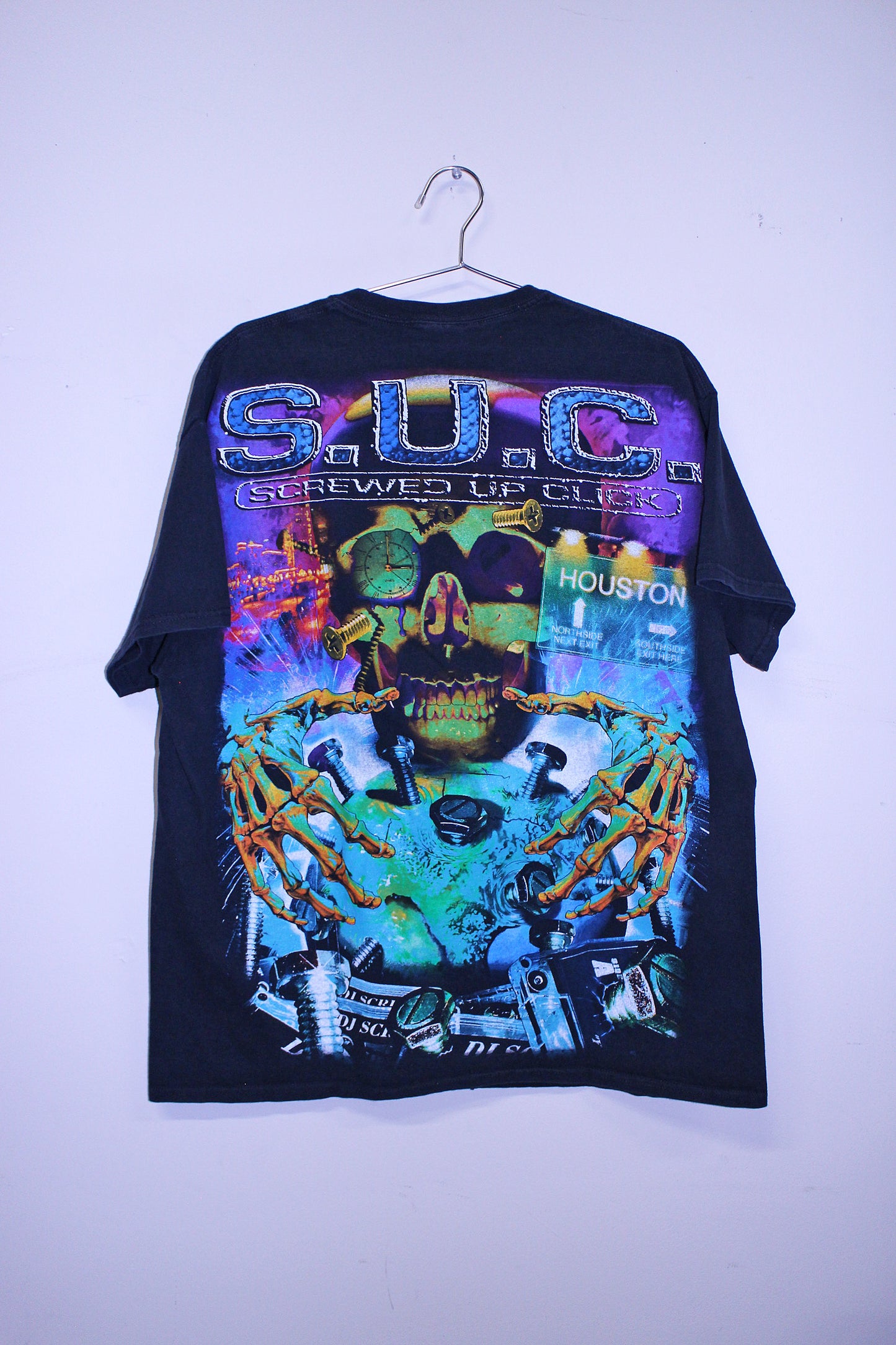 SCREW on y2k gildan Pocket faded black tee (XL)