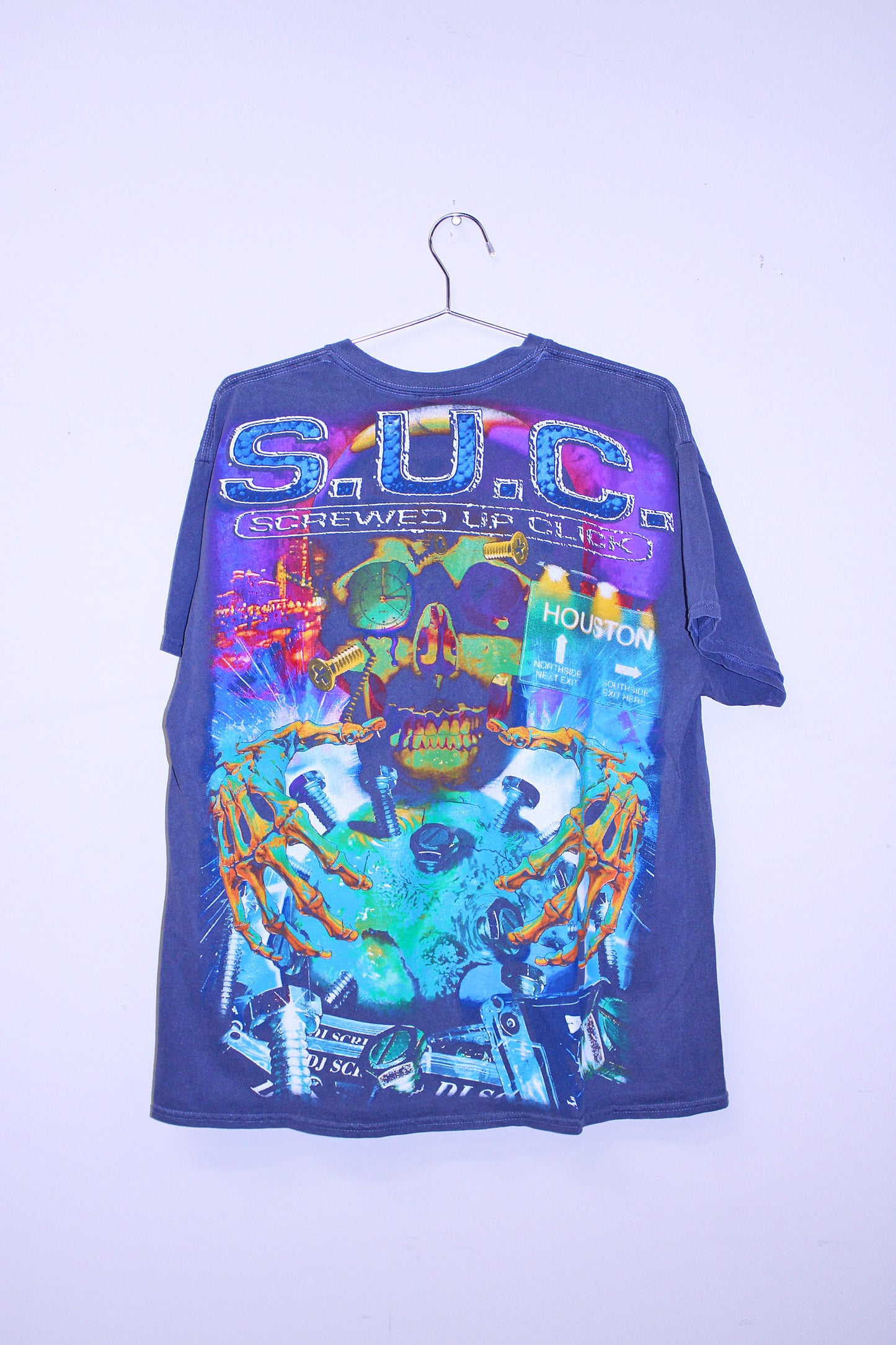 DJ Screw on neat garment washed faded blue tee (XL)