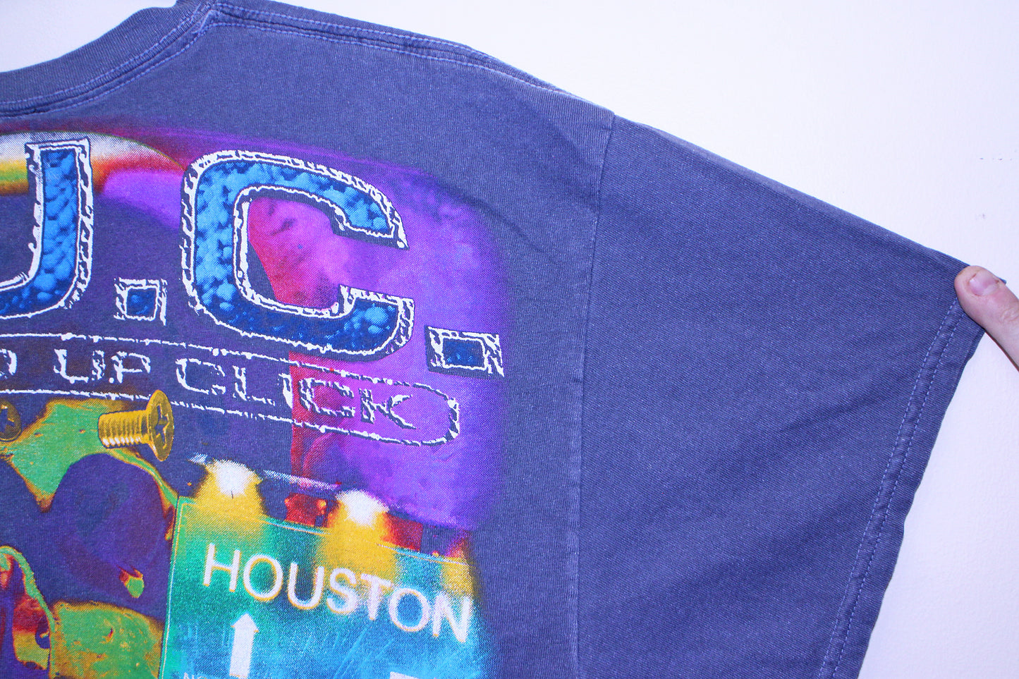 DJ Screw on neat garment washed faded blue tee (XL)