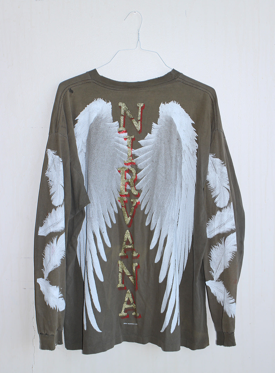 Kurt NIRVANA on Faded & Distressed Tan L/S T-Shirt (XXXL)